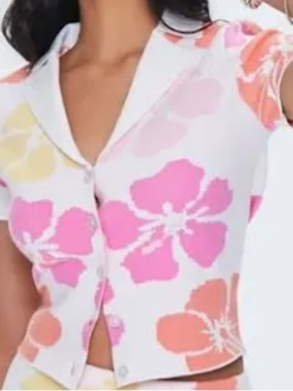 Forever 21 2X Blue Floral Hibiscus Button-Up Collared Sweater SS Crop